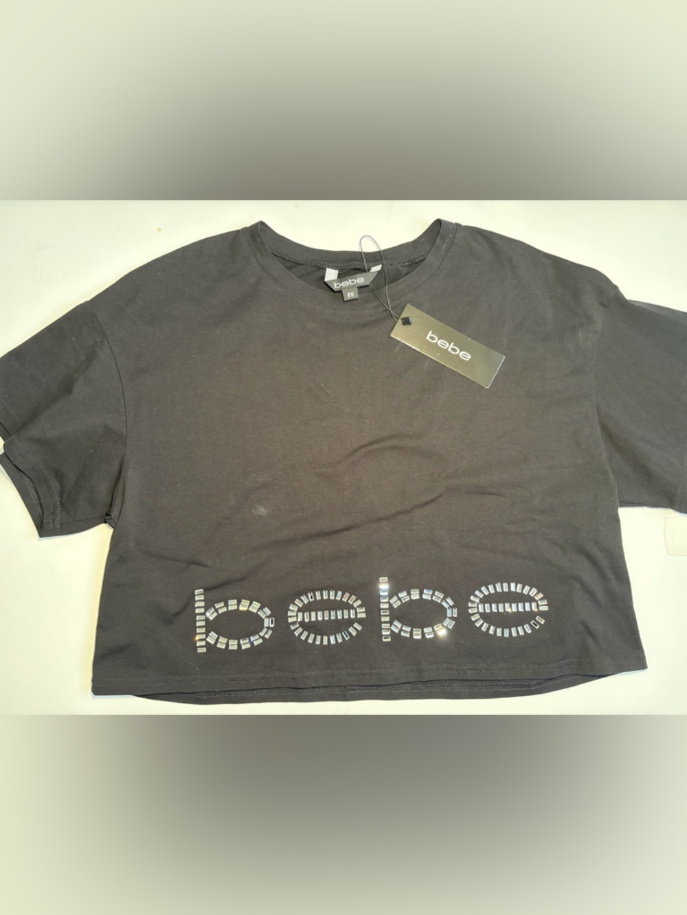 bebe Black Tee with Iridescent Rhinestone Logo